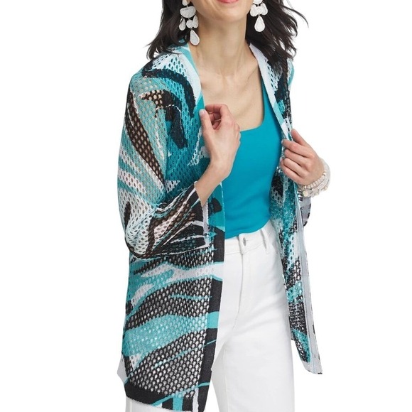 Chico's Sweaters - Chicos Palms‎ Mesh Cardigan Sweater Women's Large Teal Tropical Resortwear Boho